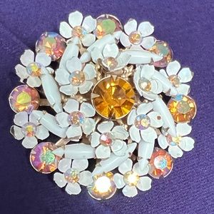 Vintage Floral Brooch White Enameled Metal Amber & Aurora Borealis Rhinestones